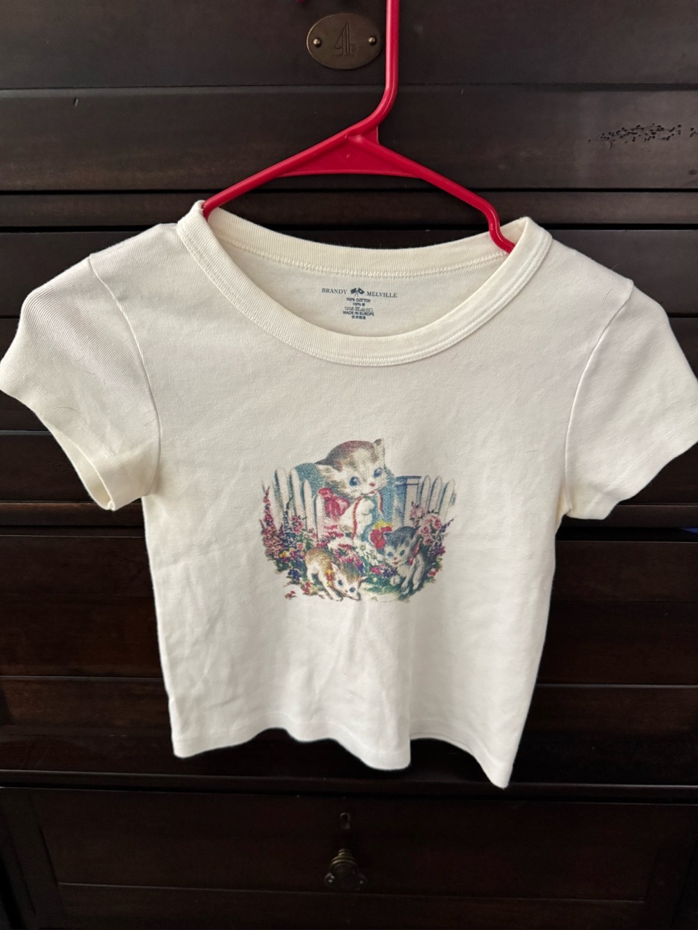 Brandy Melville White Short Sleeve Tee with Kitten Graphic